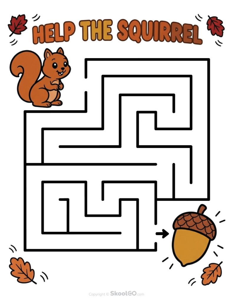 Help the Squirrel Fall Maze Printable Fall maze printable helping a squirrel find an acorn