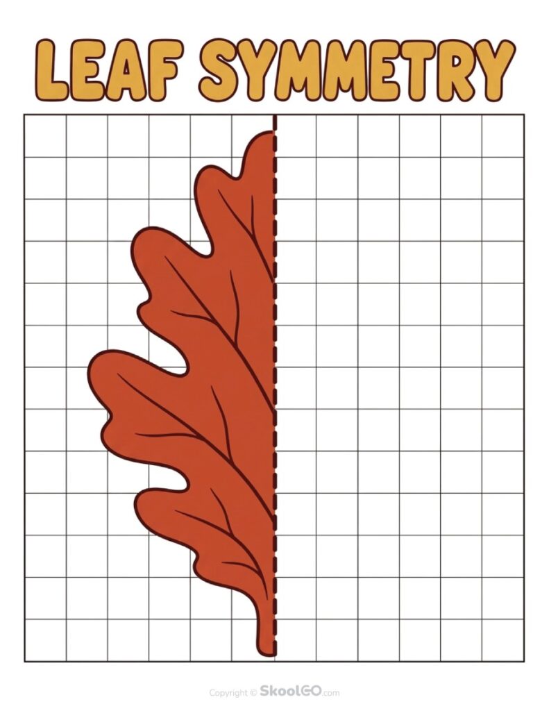 Leaf Symmetry Fall Math Activity Leaf symmetry worksheet with grid for completing the mirrored leaf