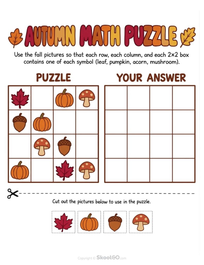 Autumn Math Puzzle Printable Autumn math puzzle with leaves, pumpkins, acorns, and mushrooms