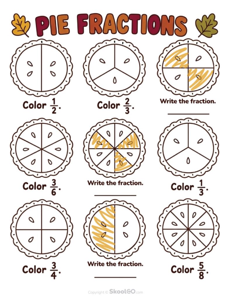 Pie Fractions Fall Math Worksheet Pie fractions worksheet with autumn-themed fraction coloring activities