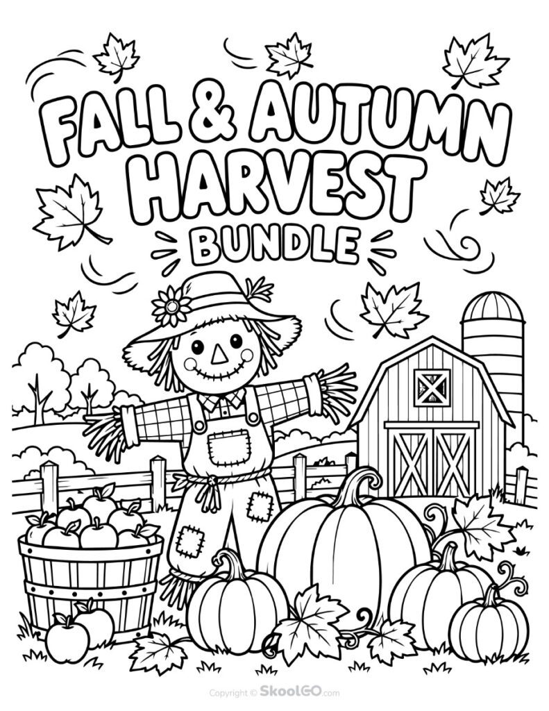 Fall & Autumn Harvest Bundle Printable Cover - b&w Fall and autumn harvest bundle printable black & White cover with pumpkins and scarecrow
