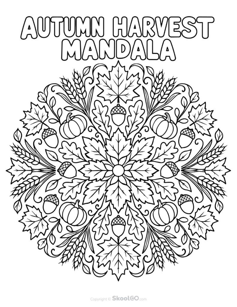 Autumn Harvest Mandala Black and White Coloring Worksheet Black-and-white autumn harvest mandala coloring worksheet with seasonal harvest designs