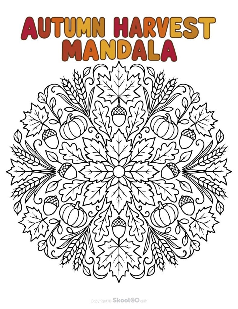 Autumn Harvest Mandala Full-Color Worksheet Full-color autumn harvest mandala worksheet with pumpkins, leaves, acorns, and wheat