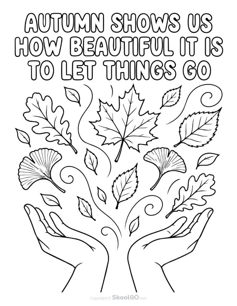 Autumn Let Things Go Coloring Page Black and white autumn let things go coloring page with leaves