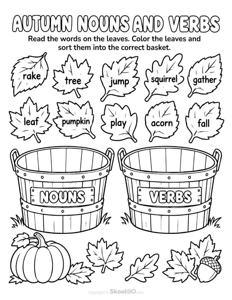 Autumn Nouns and Verbs Worksheet Black and White Version Black and white autumn nouns and verbs worksheet for coloring