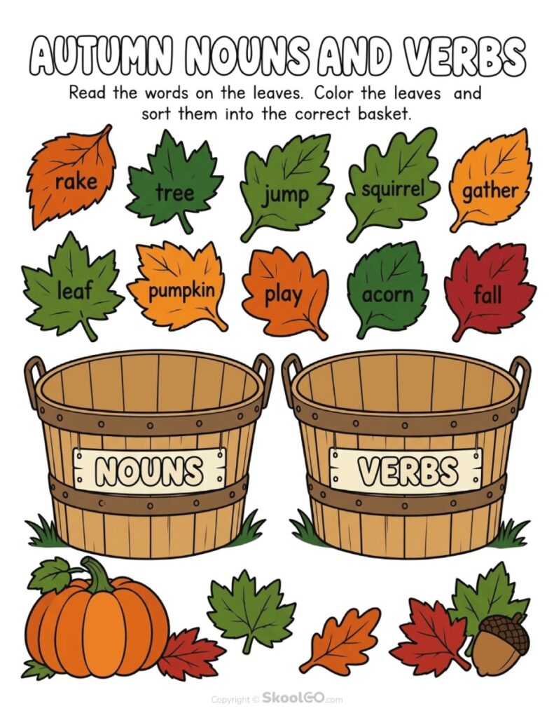 Autumn Nouns and Verbs Sorting Worksheet Color Version Color autumn nouns and verbs worksheet with sorting baskets