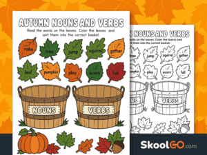 Autumn nouns and verbs worksheet for Kindergarten and 1st Grade