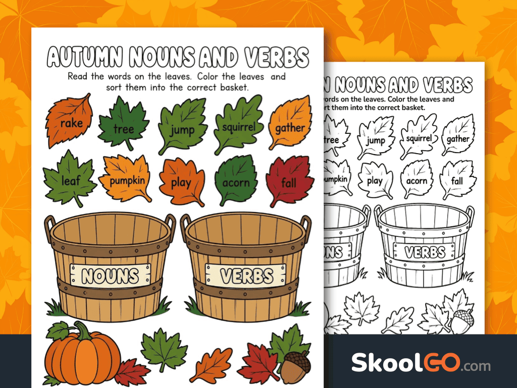 Autumn nouns and verbs worksheet for Kindergarten and 1st Grade