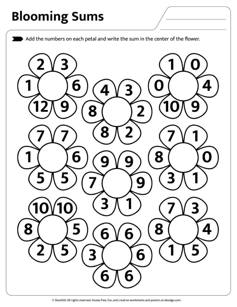 Blooming Sums Addition Practice Black and White Worksheet Black and white Blooming Sums addition worksheet