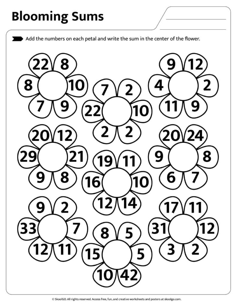 Blooming Sums Advanced Addition Black and White Worksheet Black and white flower addition worksheet with larger numbers