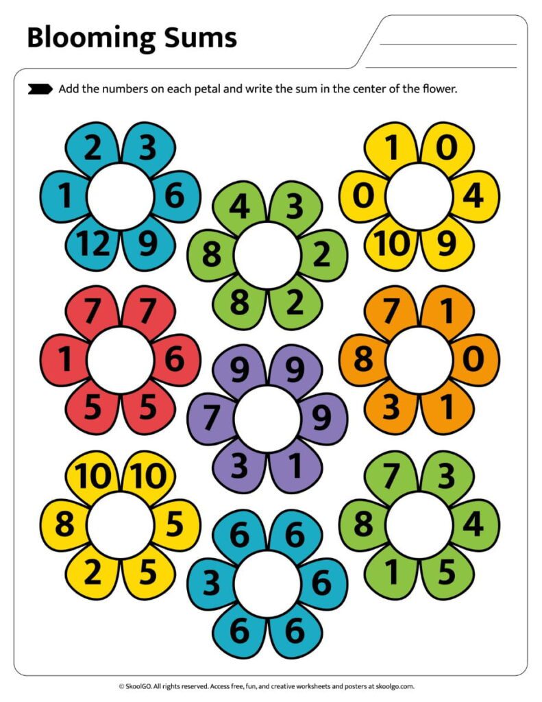 Blooming Sums Addition Practice Color Worksheet Color Blooming Sums worksheet with flower addition problems