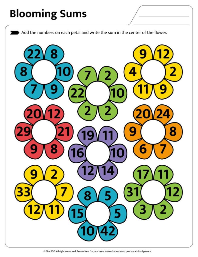 Blooming Sums Advanced Addition Color Worksheet Color flower addition worksheet with larger addition sums