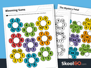 Blooming Sums addition worksheet free printable PDF for early addition practice