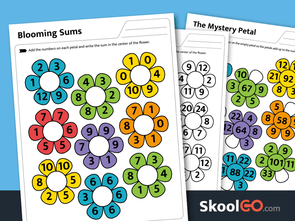 Blooming Sums addition worksheet free printable PDF for early addition practice