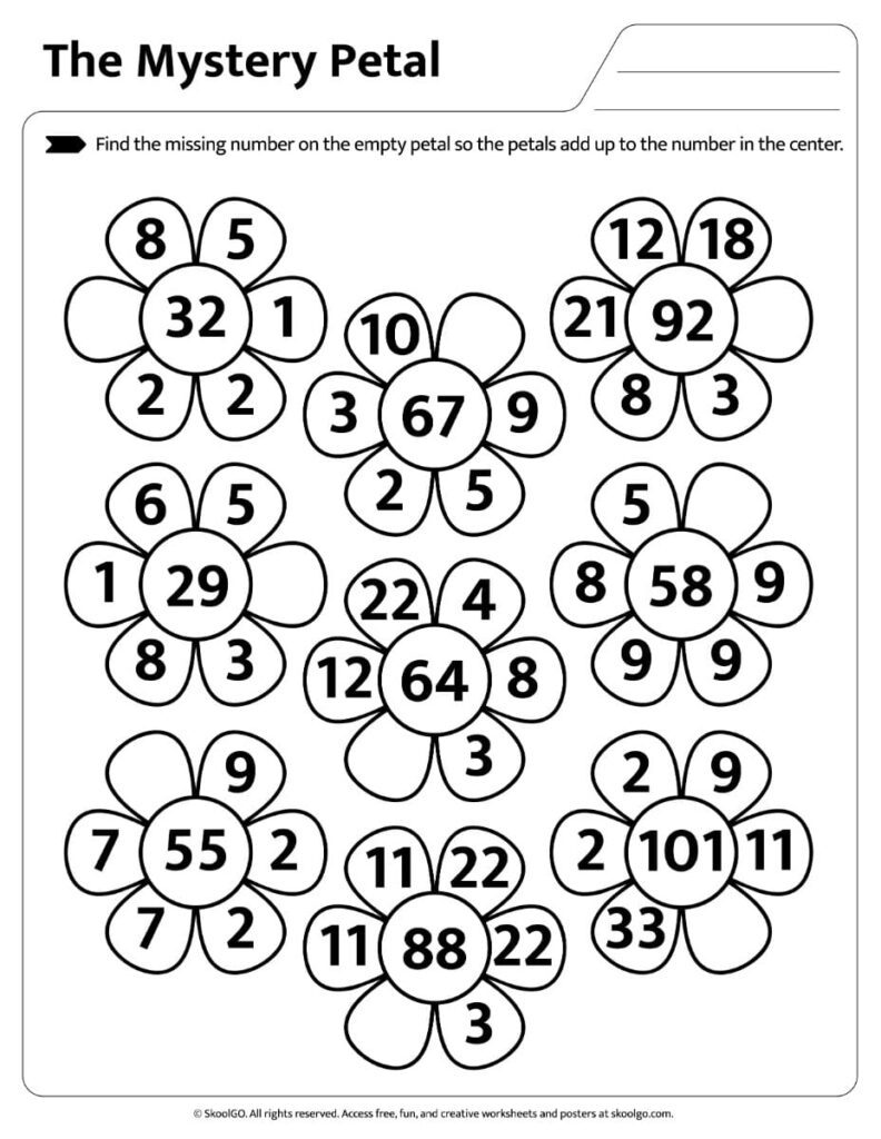 Mystery Petal Missing Number Black and White Worksheet Black and white Mystery Petal addition worksheet