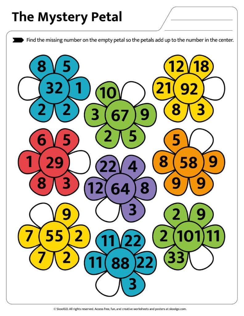 Mystery Petal Missing Number Addition Worksheet Color Mystery Petal worksheet with missing addition values