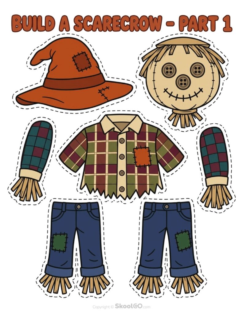 Build a Scarecrow Worksheet Color Pieces Color scarecrow pieces with hat, shirt, arms, head, and legs