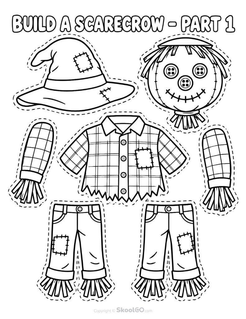 Build a Scarecrow Worksheet Coloring Pieces Black-and-white scarecrow pieces for coloring and cutting practice