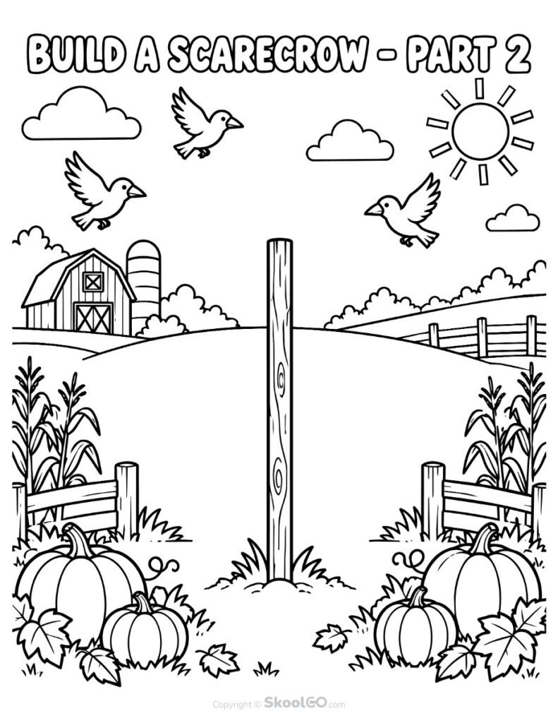 Build a Scarecrow Worksheet Farm Coloring Page Black-and-white farm scene with pumpkins, barn, birds, and scarecrow post