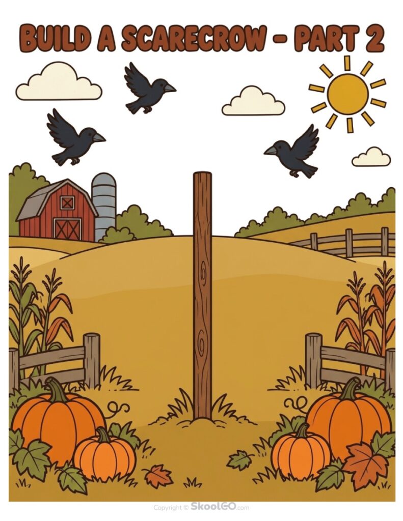 Build a Scarecrow Worksheet Farm Scene Color farm scene with scarecrow post, pumpkins, crops, birds, and barn