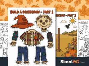 Build a scarecrow worksheet for coloring, cutting, and fall learning