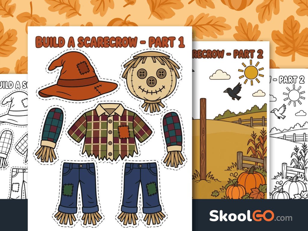 Build a scarecrow worksheet for coloring, cutting, and fall learning
