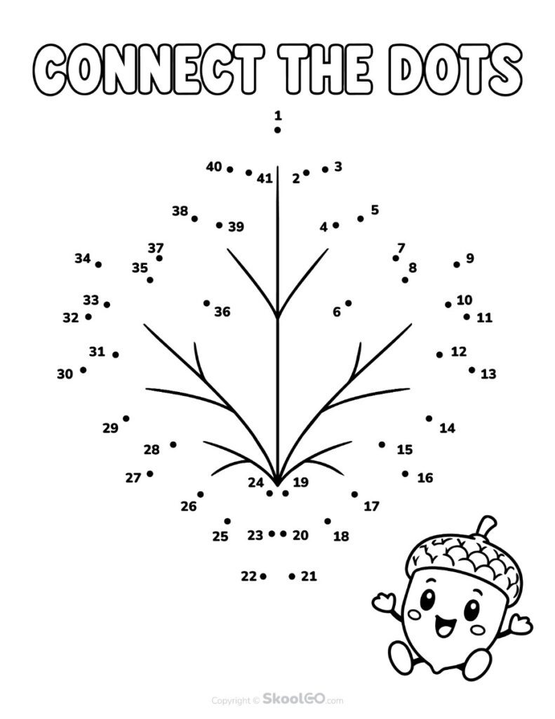 Connect the Dots Tree Worksheet Black and White Version Black and white connect-the-dots worksheet with tree and acorn coloring