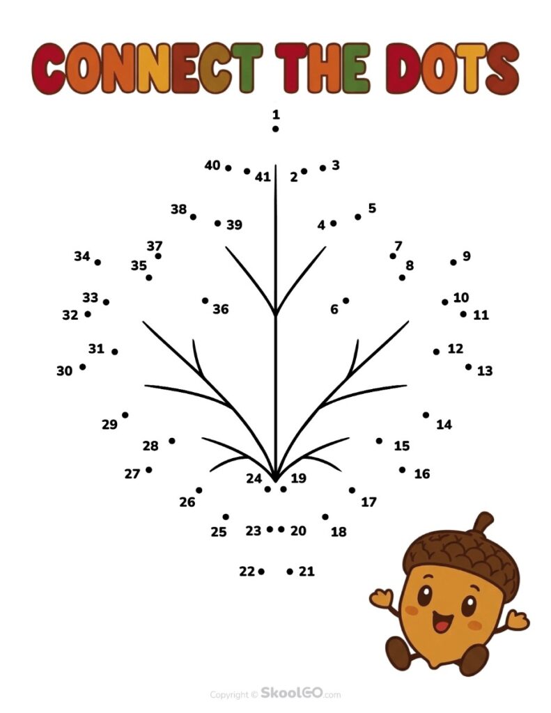 Connect the Dots Tree Worksheet Color Version Color connect-the-dots worksheet with numbers 1 to 41 and a tree