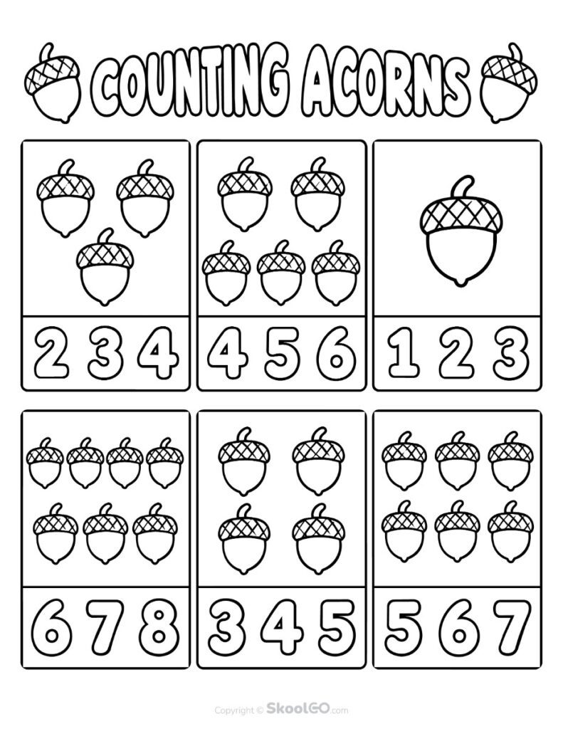 Counting Acorns Black and White Worksheet Black and white counting acorns worksheet for coloring