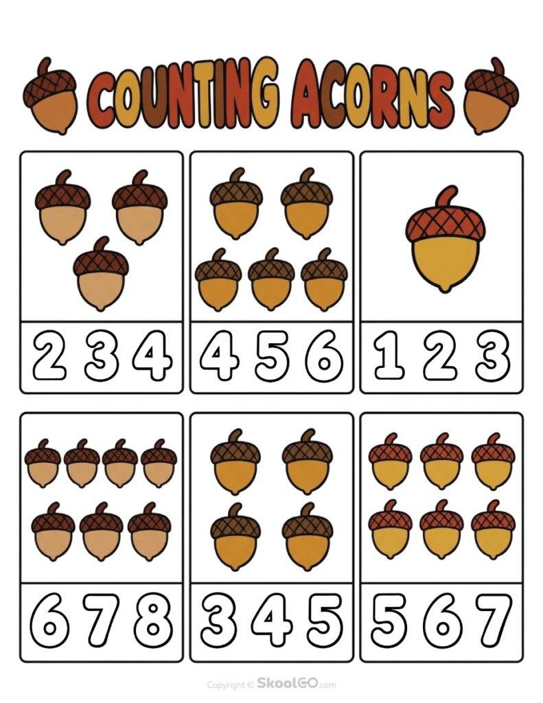 Counting Acorns Color Math Worksheet Color counting acorns worksheet with number choices