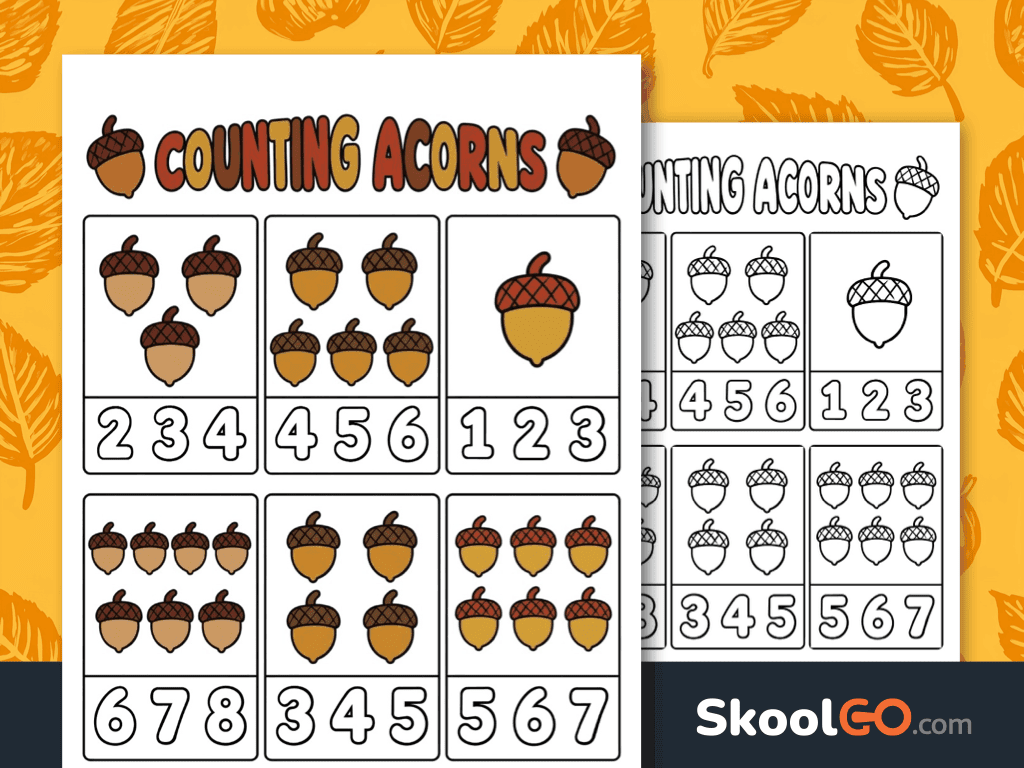 Counting acorns printable math worksheet for early number practice