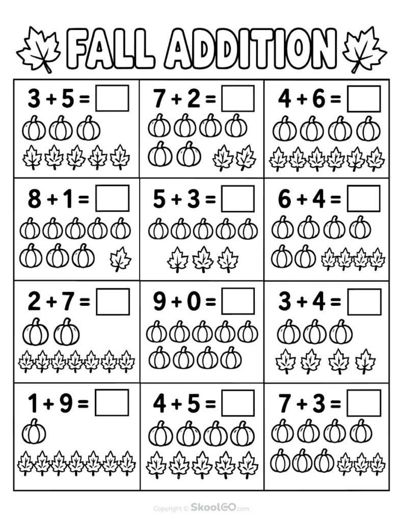 Fall Addition Worksheet Black and White Version Black and white fall addition worksheet with pumpkins and leaves for coloring