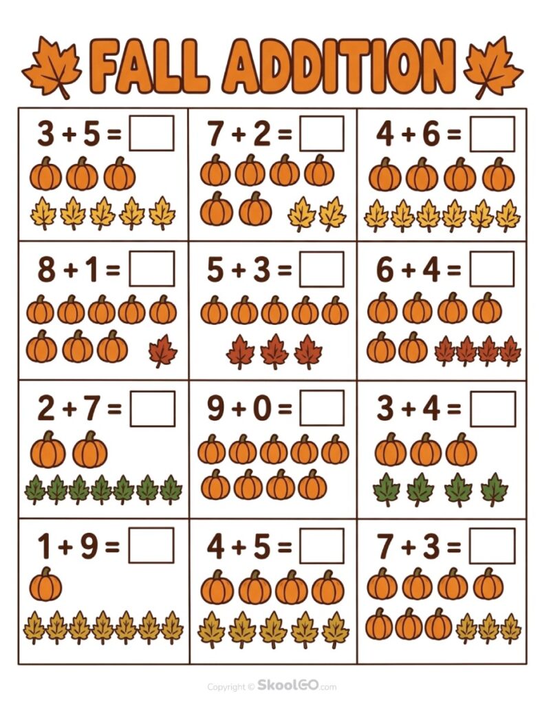 Fall Addition Worksheet Color Version Color fall addition worksheet with pumpkins and autumn leaves