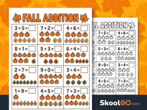 Fall addition worksheet with pumpkins and leaves for Kindergarten math practice