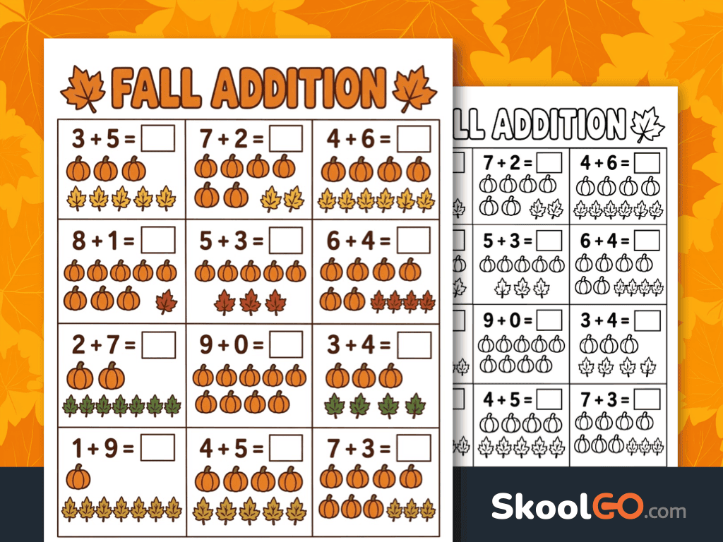 Fall addition worksheet with pumpkins and leaves for Kindergarten math practice