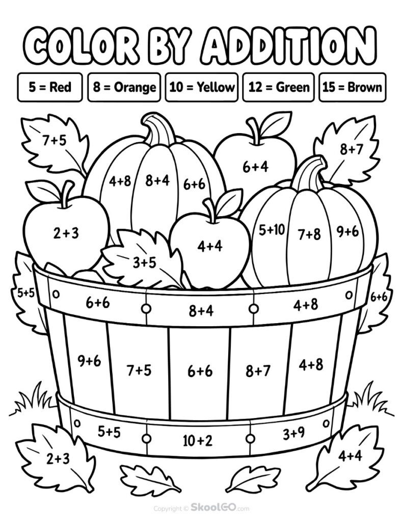 Fall Color by Addition Worksheet Black-and-White Version Black-and-white fall color by addition worksheet for coloring practice