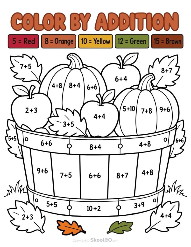 Fall Color by Addition Worksheet Full-Color Version Full-color fall color by addition worksheet with pumpkins and apples