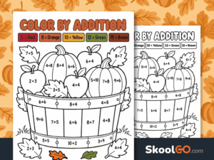 Fall color by addition worksheet for Kindergarten and 1st Grade