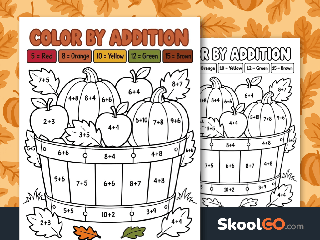 Fall color by addition worksheet for Kindergarten and 1st Grade