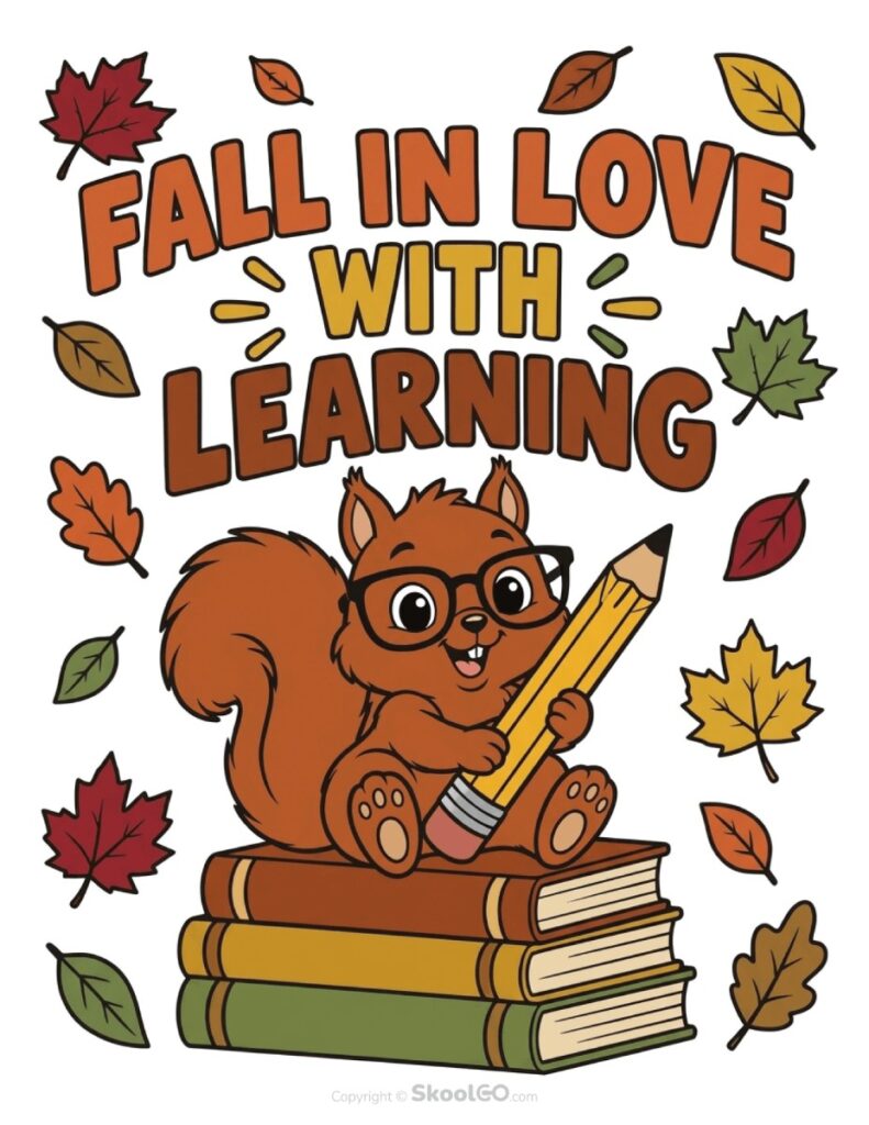 Fall in Love with Learning Color Poster Color Fall in Love with Learning poster with squirrel, books, pencil, and autumn leaves