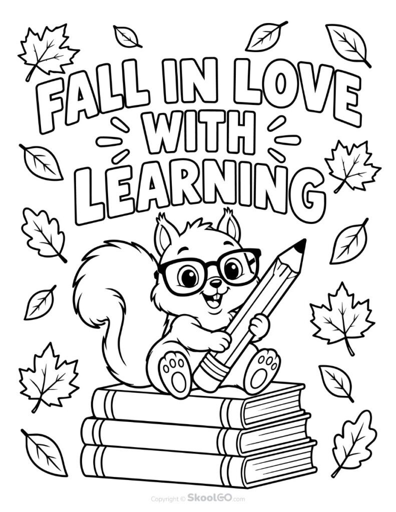 Fall in Love with Learning Coloring Page Black and white Fall in Love with Learning coloring page with squirrel and books