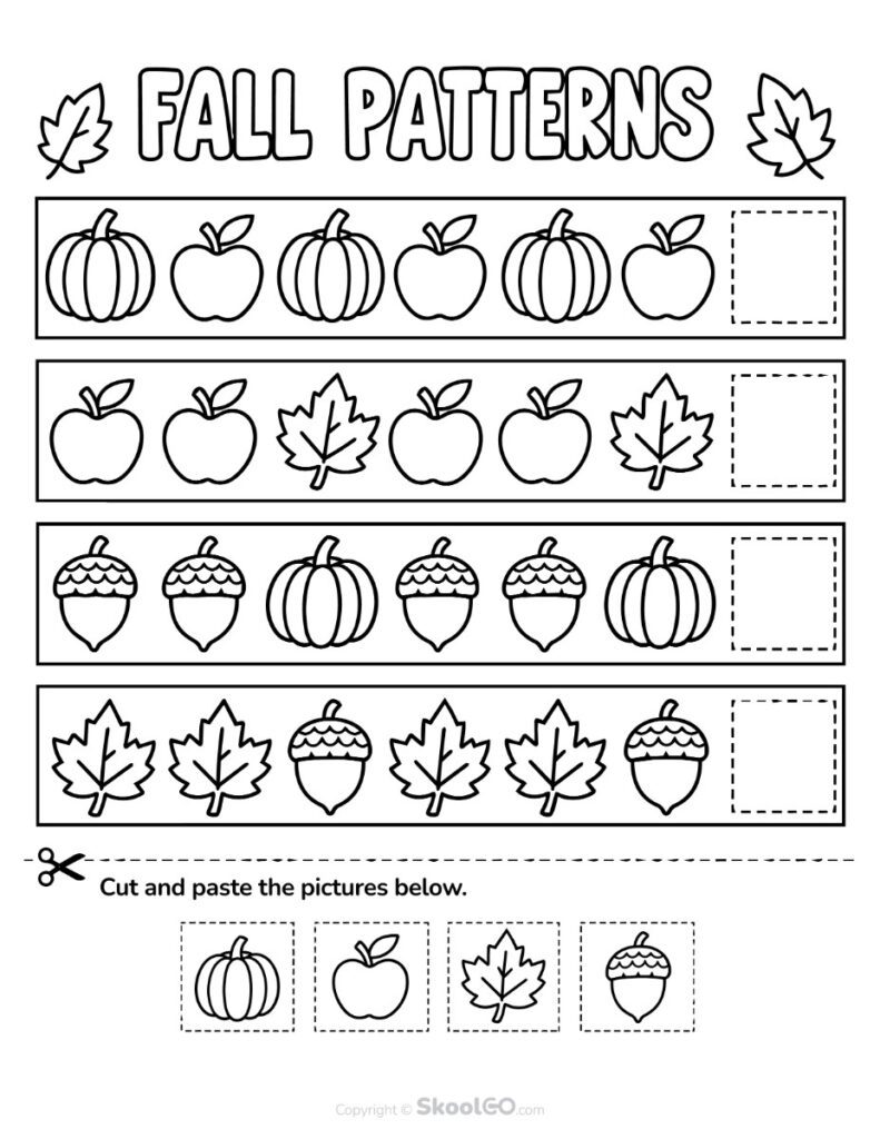 Black and White Fall Pattern Recognition Worksheet Black and white fall pattern recognition worksheet with repeating autumn patterns
