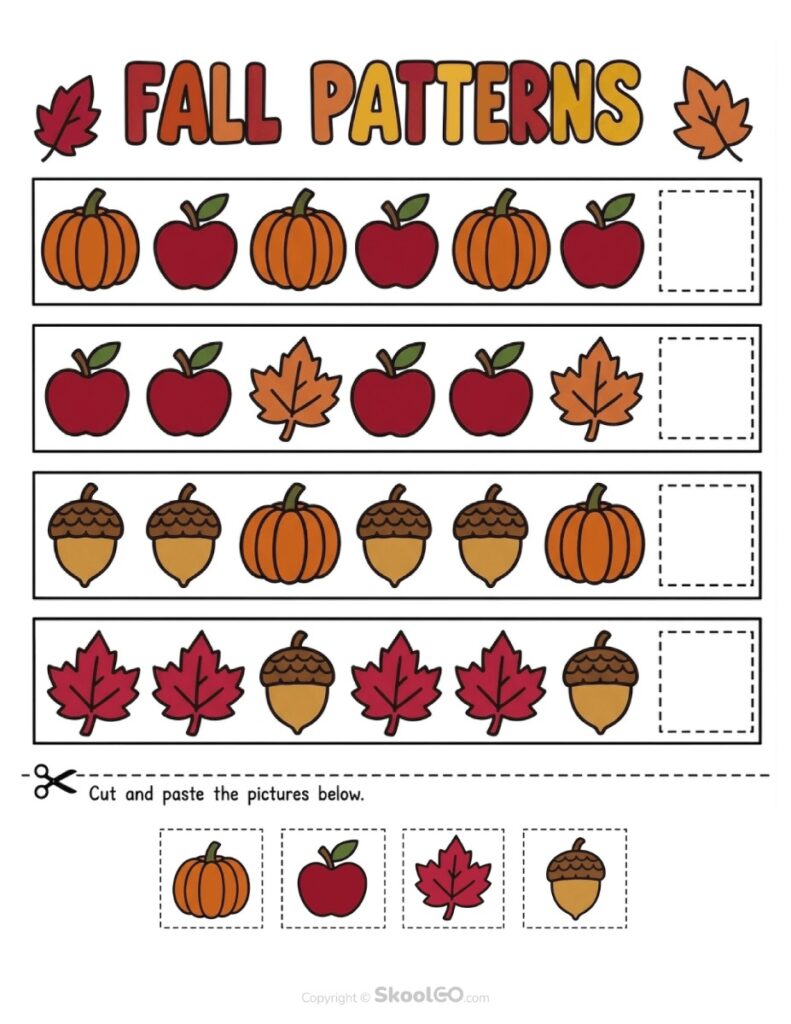 Color Fall Pattern Recognition Worksheet Color fall pattern recognition worksheet with pumpkins, apples, leaves, and acorns