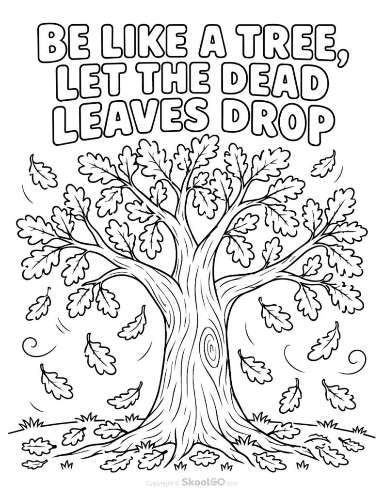 Let the Dead Leaves Drop Fall Coloring Page Black-and-white fall coloring page featuring an autumn tree and falling leaves