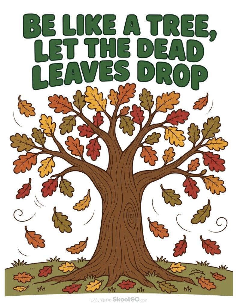 Let the Dead Leaves Drop Fall Poster Color Version Full-color fall poster featuring an autumn tree and falling leaves