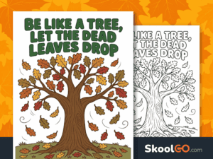 Fall poster and coloring page with an autumn tree and inspirational message