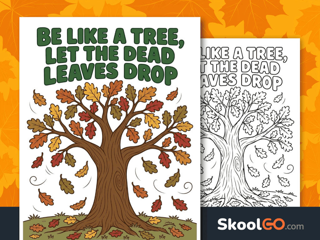Fall poster and coloring page with an autumn tree and inspirational message