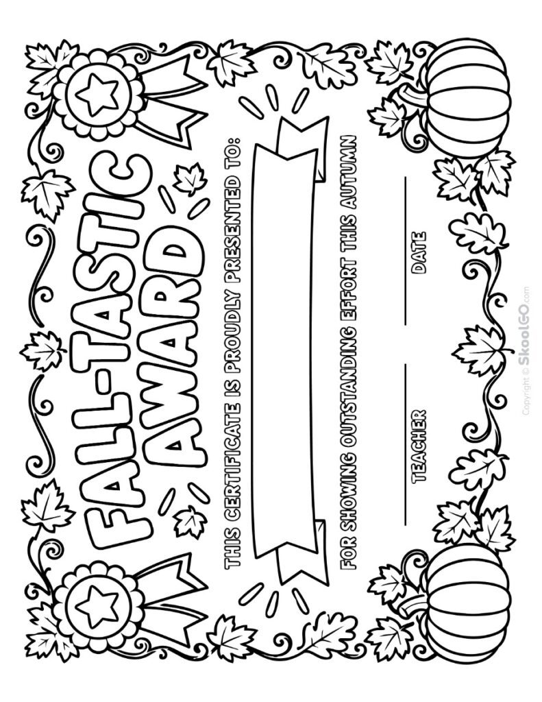 Fall-Tastic Award Certificate Black and White Version Black and white Fall-Tastic Award Certificate printable for coloring