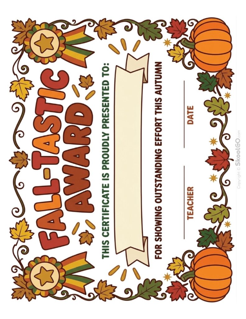 Fall-Tastic Award Certificate Color Version Color Fall-Tastic Award Certificate printable PDF