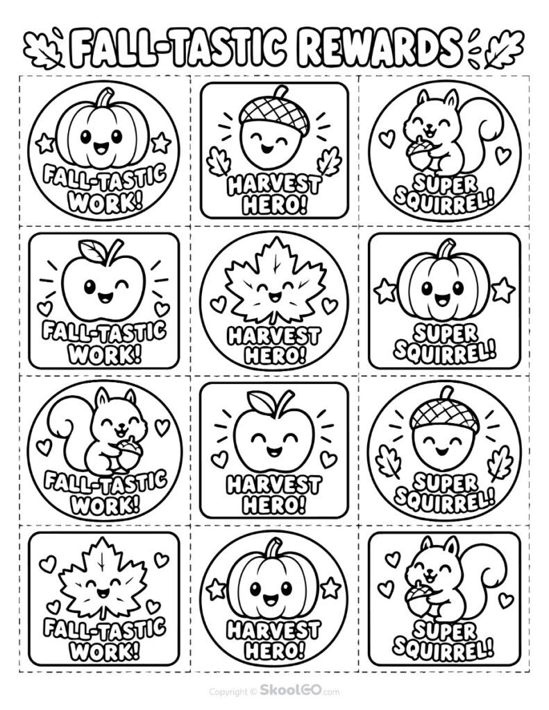 Fall-Tastic Rewards Black and White Classroom Reward Cards Black-and-white version of Fall-Tastic Rewards printable classroom reward cards for coloring and personalizing